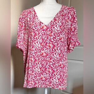 Loft Women's Birds And Leaves Blouse, Size Small, Pink And White